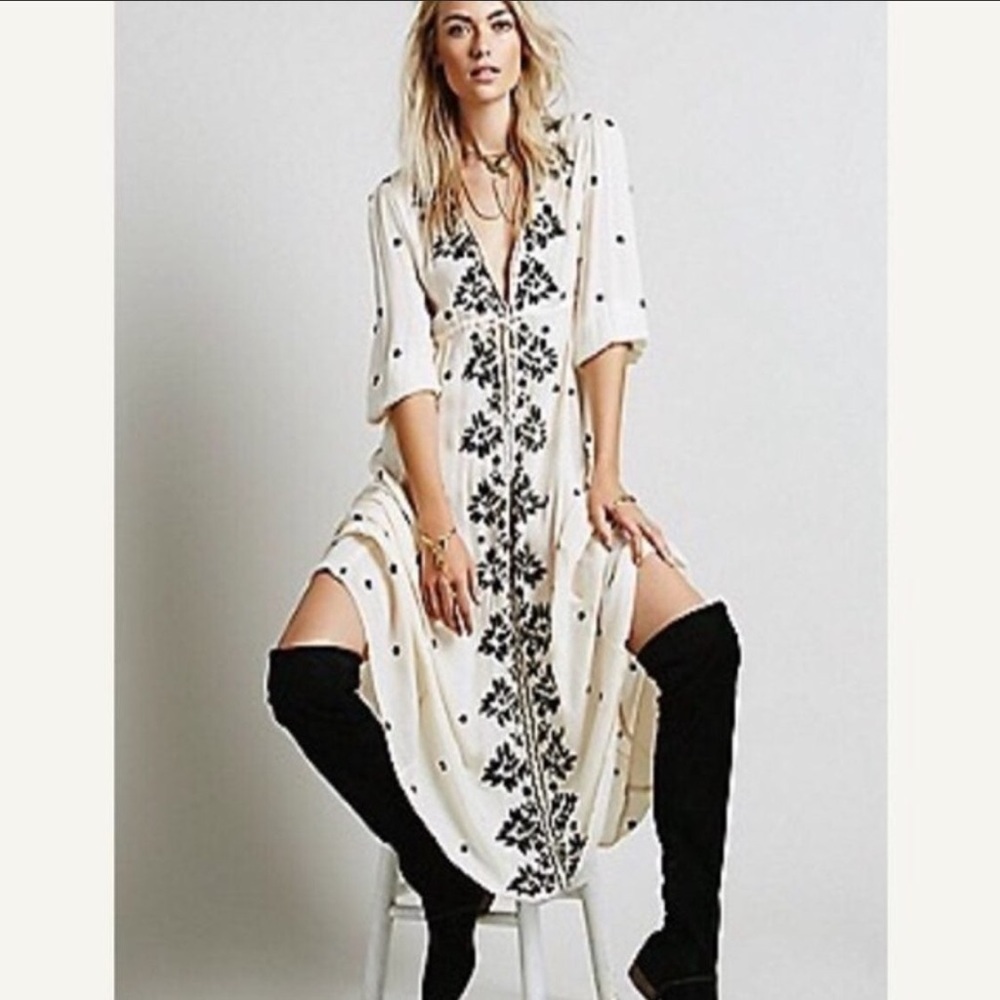 Free People White & Black Embroidered Maxi Dress